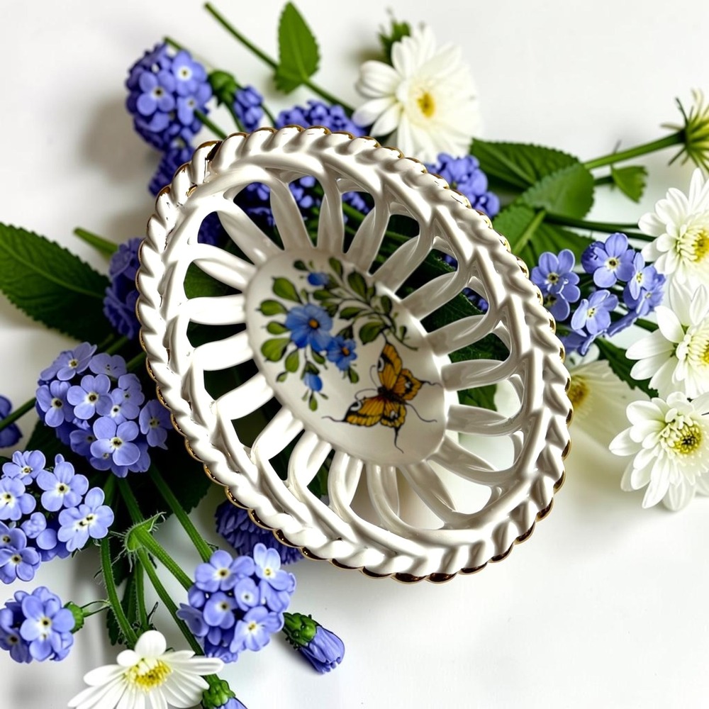 Vintage Herend Queen Victoria Oval Reticulated Basket 4.75" Gold Rim VBO